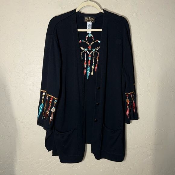 Bob Maki wearable art black button front dream catcher embroidered cardigan - Picture 1 of 8
